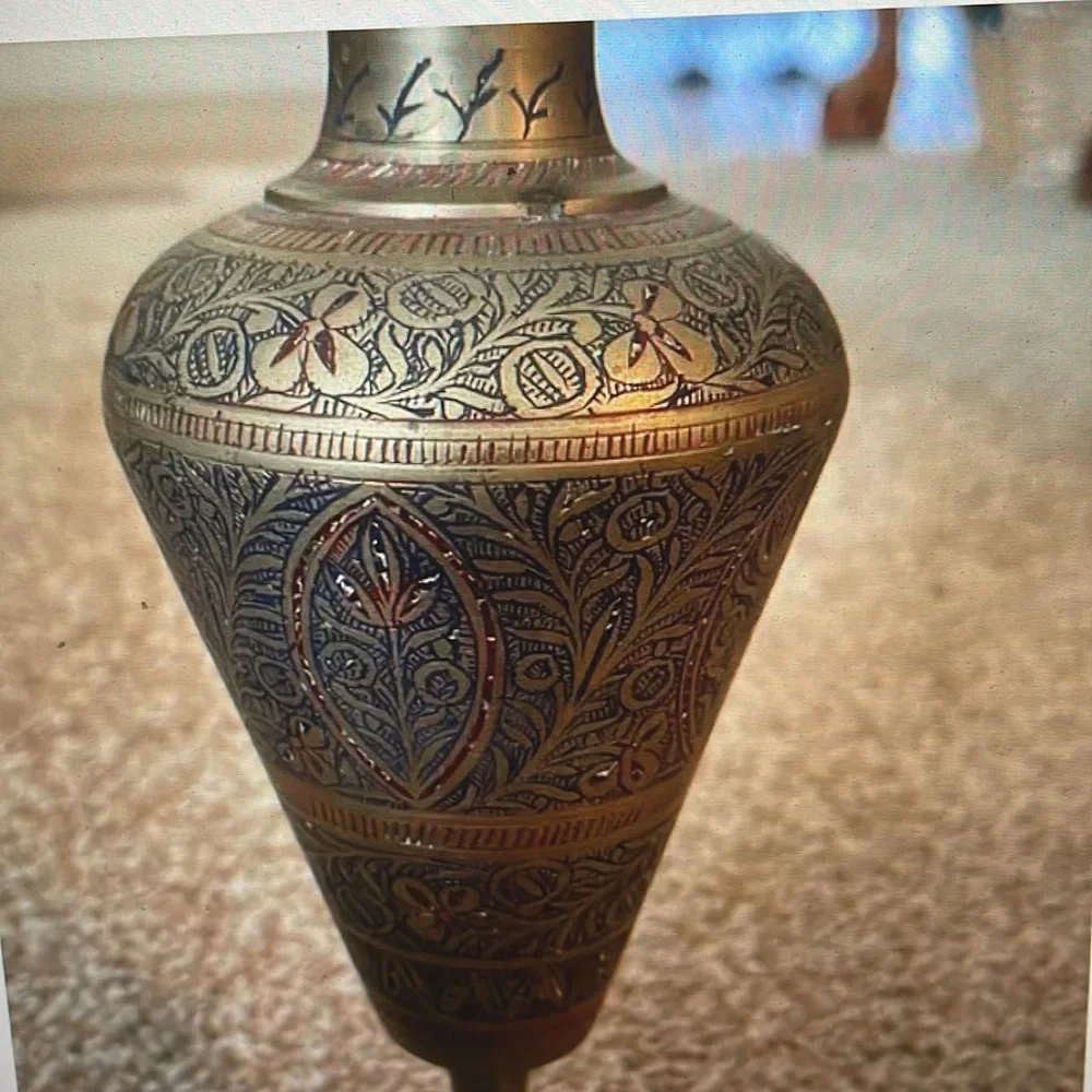 VTG Etched Brass vase 8”